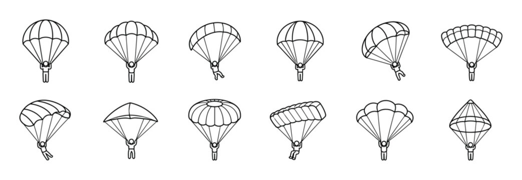 Parachute skydiver icons set featuring various shapes and poses of parachutes with people, presented in a simple outline vector illustration style