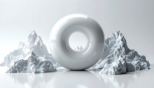 Abstract white torus shape surrounded by abstract pixelated ice mountains on a reflective surface, futuristic and minimalist composition