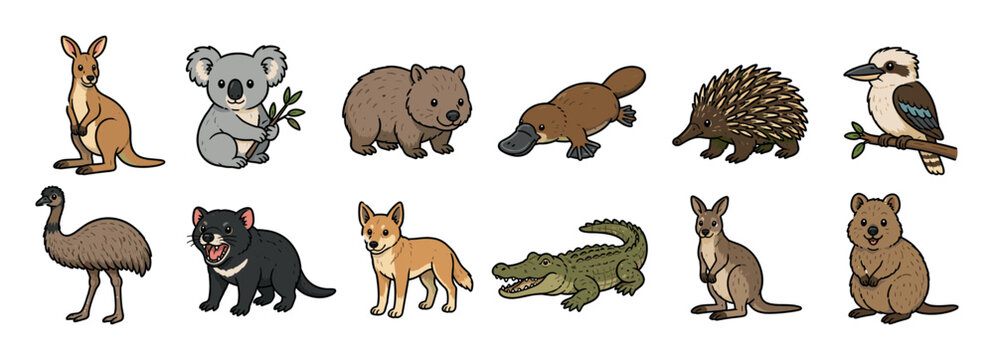 Kangaroo koala wombat platypus echidna kookaburra emu Tasmanian devil dingo crocodile wallaby quokka Australian animals cartoon vector illustration