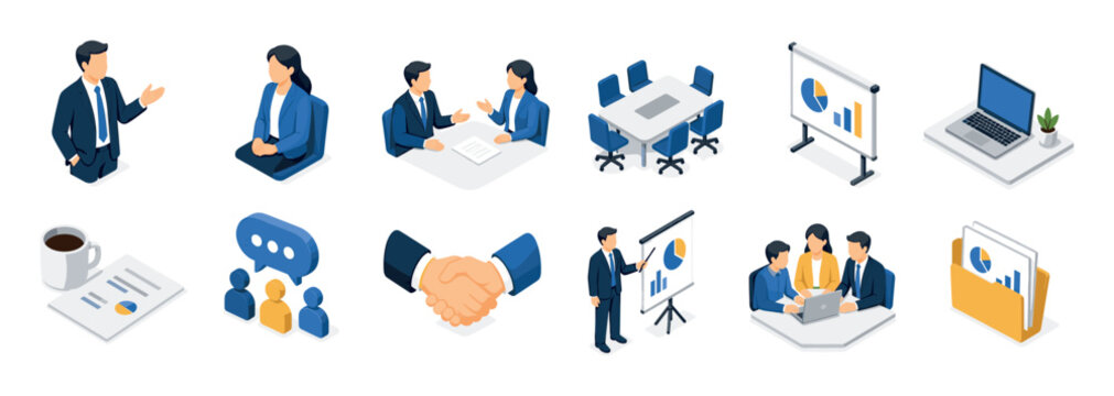 Business people meeting presentation handshake icons set, isometric vector illustration of office work, teamwork, and communication