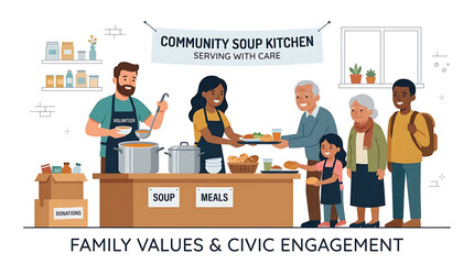 Naklejka premium Community soup kitchen volunteers serving food to people in need, flat vector illustration
