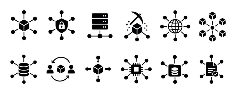 Blockchain data network security mining database icons set, depicting distributed ledger technology and cryptocurrency concepts in a flat vector illustration style