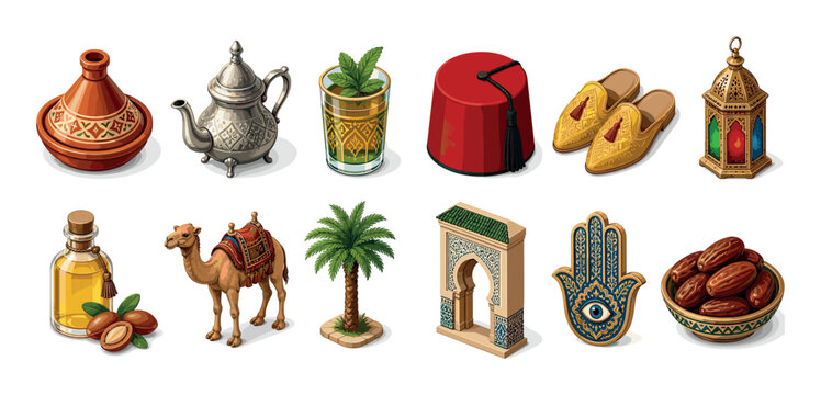 Moroccan tagine teapot mint tea fez slippers lantern argan oil camel palm tree arch Hamsa dates icons set
