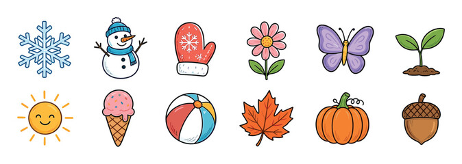 Obraz premium Snowflake snowman mitten flower butterfly sprout sun ice cream beach ball leaf pumpkin acorn icons set, hand drawn doodle style vector illustration
