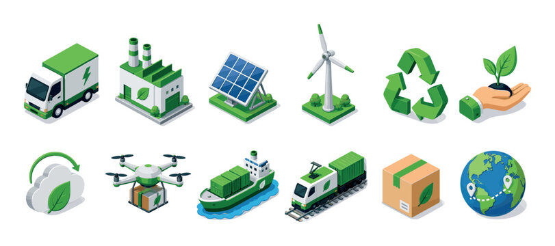Electric truck factory solar panel wind turbine recycling hand plant cloud drone ship train box globe icons isometric vector illustration