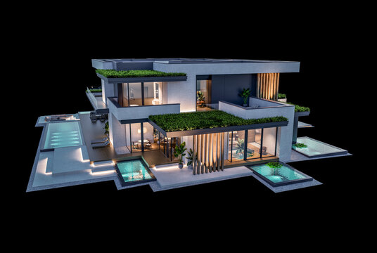 3d rendering of two-story house with parking and pool for sale or rent with concrete facade and beautiful landscaping on background. Clear night isolated on black