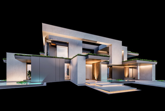 3d rendering of two-story house with parking and pool for sale or rent with concrete facade and beautiful landscaping on background. Clear night isolated on black
