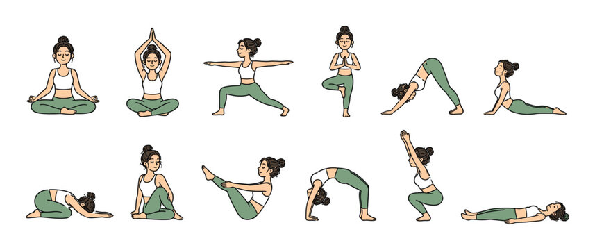 Woman performing various yoga poses including lotus, warrior, tree, downward dog, cobra, child, boat, bridge, and corpse pose, vector illustration set