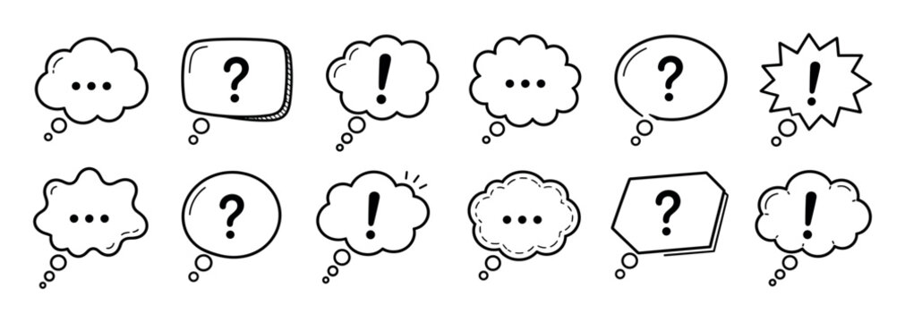 Speech bubble thought cloud question mark exclamation point doodle icons vector illustration set