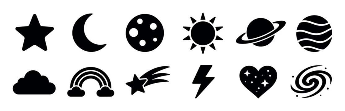 Star moon sun planet cloud rainbow lightning heart galaxy icons vector illustration set