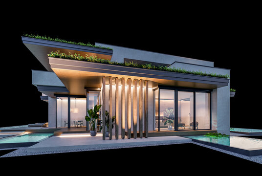 3d rendering of two-story house with parking and pool for sale or rent with concrete facade and beautiful landscaping on background. Clear night isolated on black