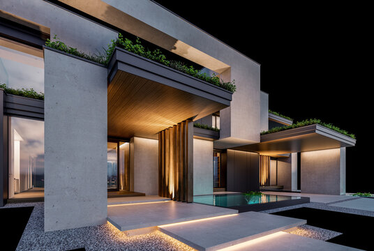 3d rendering of two-story house with parking and pool for sale or rent with concrete facade and beautiful landscaping on background. Clear night isolated on black