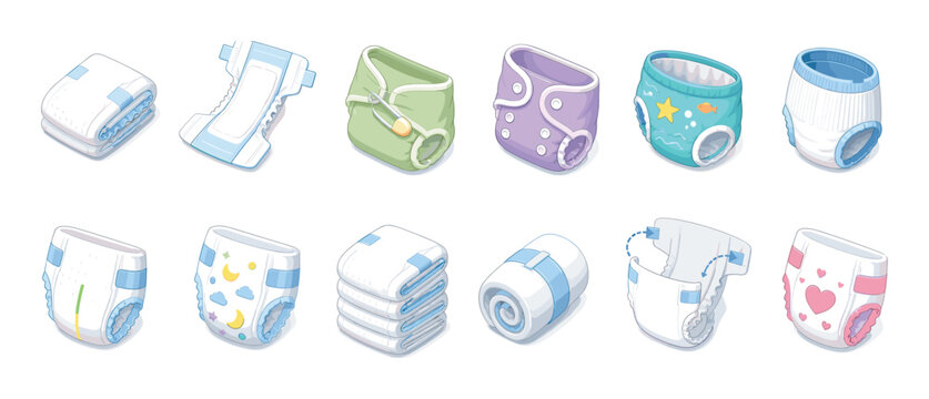 Baby diapers, cloth nappies, training pants, and folded absorbent pads in a cute cartoon style vector illustration set