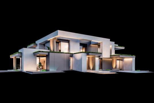 3d rendering of two-story house with parking and pool for sale or rent with concrete facade and beautiful landscaping on background. Clear night isolated on black