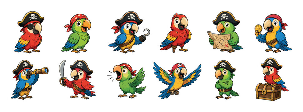 Colorful pirate parrots wearing eye patches, bandanas, hats, holding treasure maps, coins, swords, and spyglasses cartoon vector illustration set