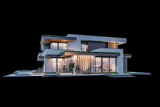 3d rendering of two-story house with parking and pool for sale or rent with concrete facade and beautiful landscaping on background. Clear night isolated on black