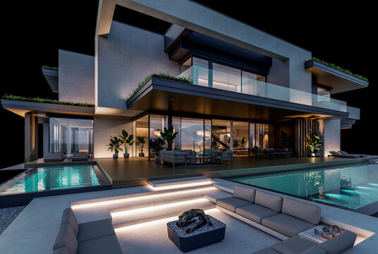 3d rendering of two-story house with parking and pool for sale or rent with concrete facade and beautiful landscaping on background. Clear night isolated on black