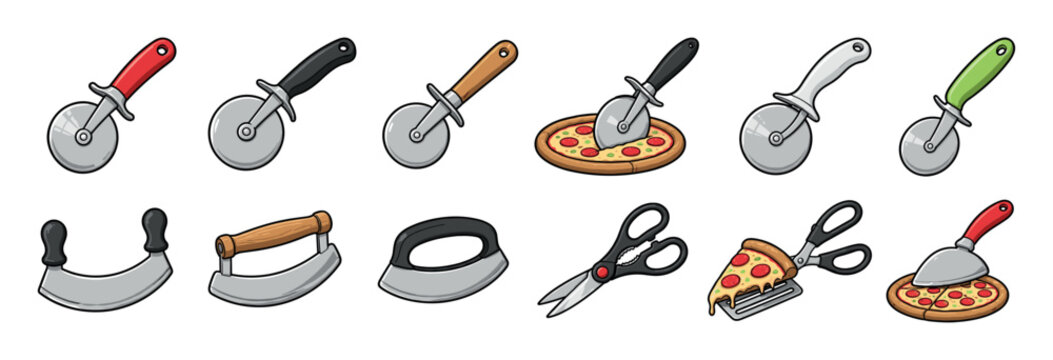 Pizza cutter wheel, mezzaluna knife, and kitchen scissors for slicing pizza vector illustration set