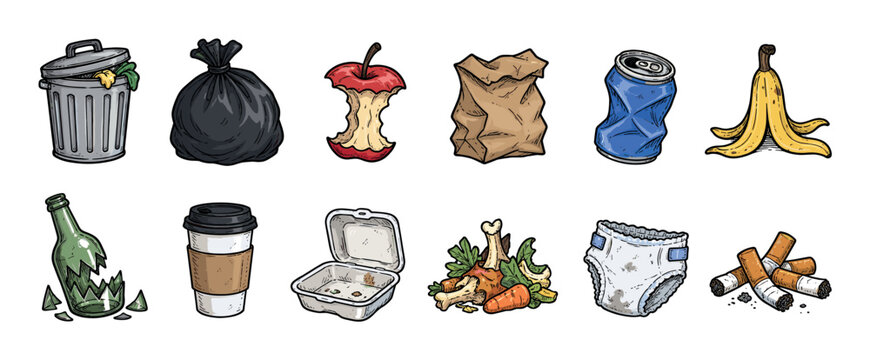 Trash can, garbage bag, apple core, paper bag, crumpled can, banana peel, broken bottle, coffee cup, food container, food scraps, dirty diaper, and cigarette butts vector illustration set