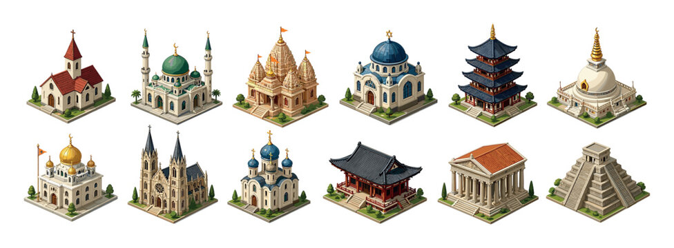 Church mosque temple synagogue pagoda stupa pyramid ancient buildings isometric icon set