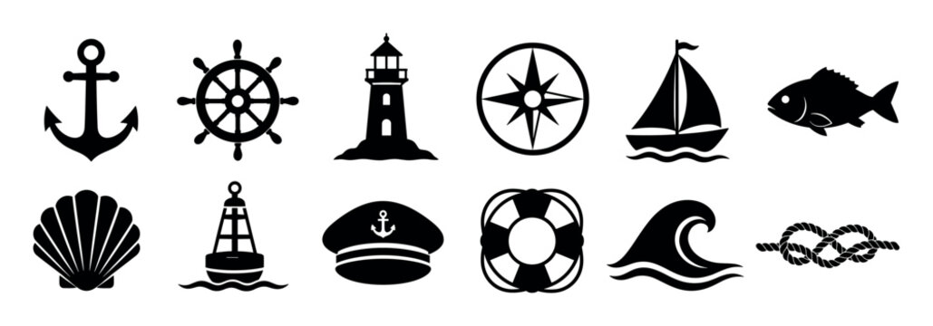 Anchor wheel lighthouse compass sailboat fish shell buoy captain hat lifebuoy wave rope knot icons set vector illustration