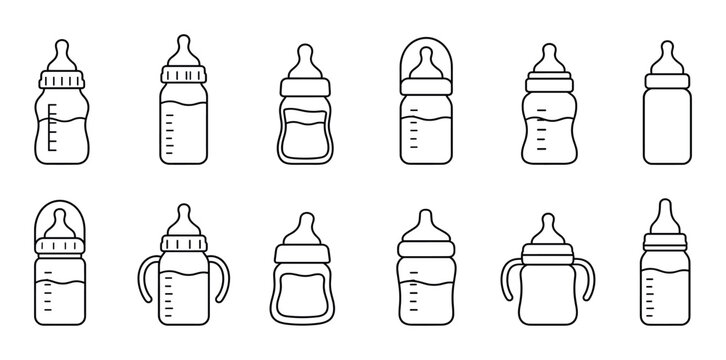 Baby feeding bottles with nipples and measurements in various shapes, line art vector icon set