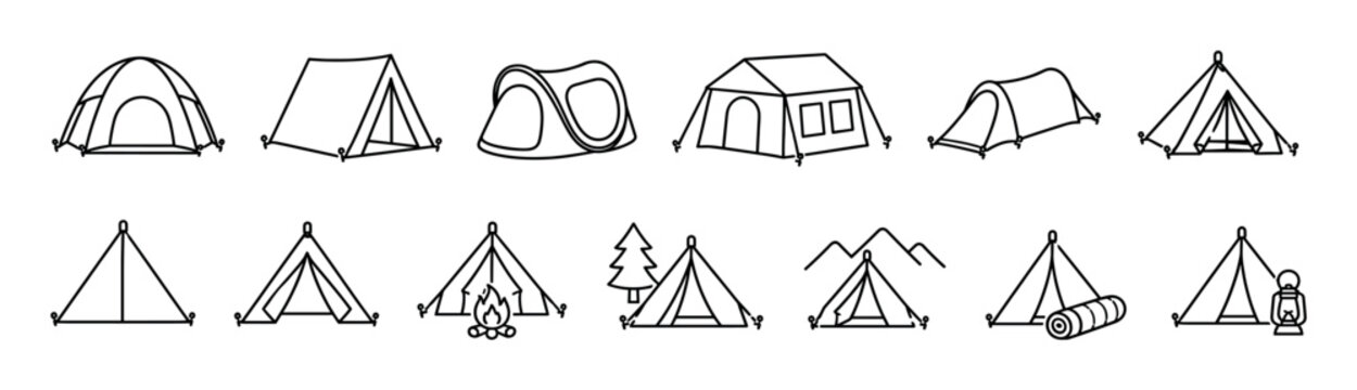 Camping tent bonfire lantern sleeping bag icons set, depicting various outdoor adventure and travel equipment in a simple line art style