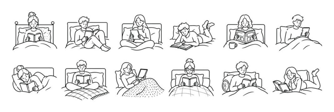 People reading books, newspapers, and tablets in bed, enjoying leisure time and relaxation, line art vector illustration set