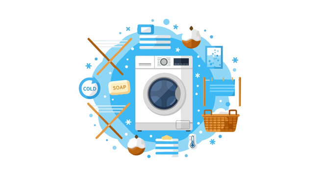 Modern Laundry Care Flat Vector Illustration featuring a Washing Machine, Drying Racks, and Household Chores Icons for Cold Wash Concept