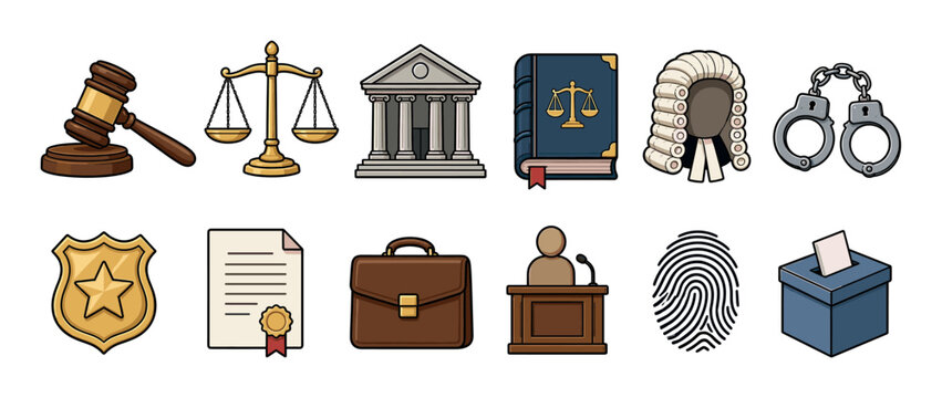 Gavel scales courthouse law book wig handcuffs badge document briefcase witness fingerprint ballot box legal justice icons set