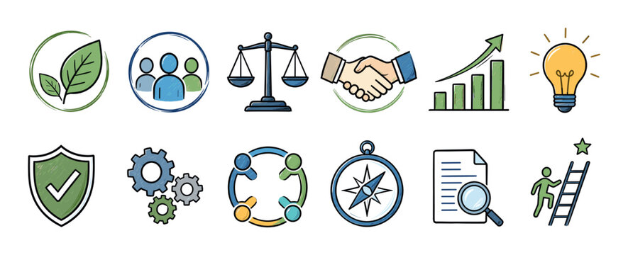 Leaves people scales handshake chart lightbulb shield gears compass document ladder icons doodle vector illustration set