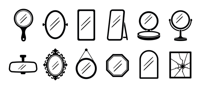 Handheld oval rectangular floor vanity hanging ornate car rearview broken mirrors icon set vector illustration