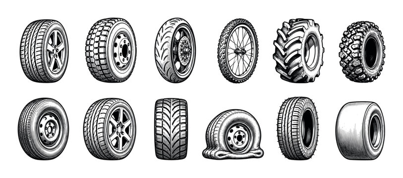 Car, truck, motorcycle, bicycle, tractor, and flat tire wheels with various tread patterns in a vintage engraved illustration set