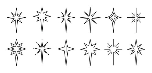 Obraz premium Christmas star Bethlehem star sparkle icons set, line art vector illustration for holiday designs and decorations