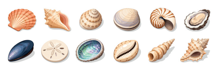 Obraz premium Scallop conch nautilus oyster mussel sand dollar abalone cowrie turritella shells vector illustration set