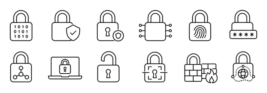 Padlock binary code shield keyhole fingerprint password firewall global network icons set, line vector illustration