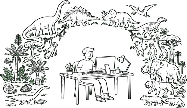 Man Working on Computer Surrounded by Prehistoric Dinosaur Evolution and Extinct Ice Age Animals Concept Vector Illustration on Green Background