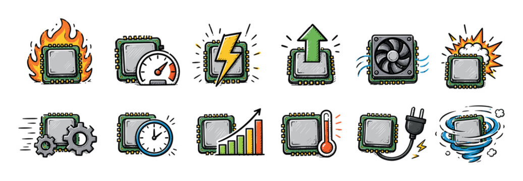 Processor chip icons with fire, speedometer, lightning, arrow, fan, explosion, gears, clock, chart, thermometer, plug, and tornado in a hand-drawn style