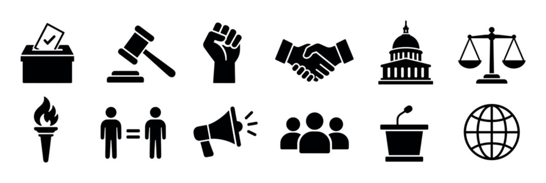 Ballot box gavel fist handshake capitol building scales of justice torch equality megaphone crowd podium globe icons set, black and white vector illustration