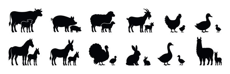 Obraz premium Cow pig sheep goat chicken duck horse donkey turkey rabbit goose llama animal silhouettes with their babies, vector illustration