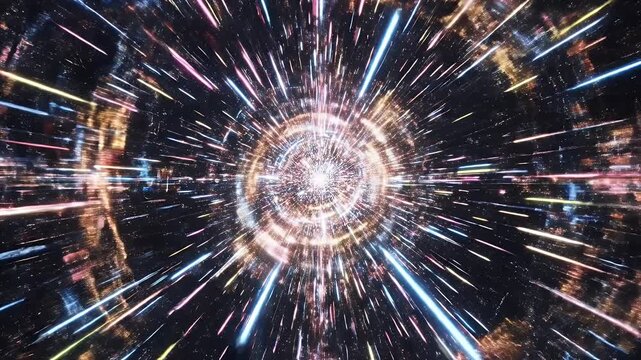 Futuristic Light Speed Travel Concept - A dynamic scene depicting vibrant light trails converging towards a central point, simulating the effect of high-speed travel through space.