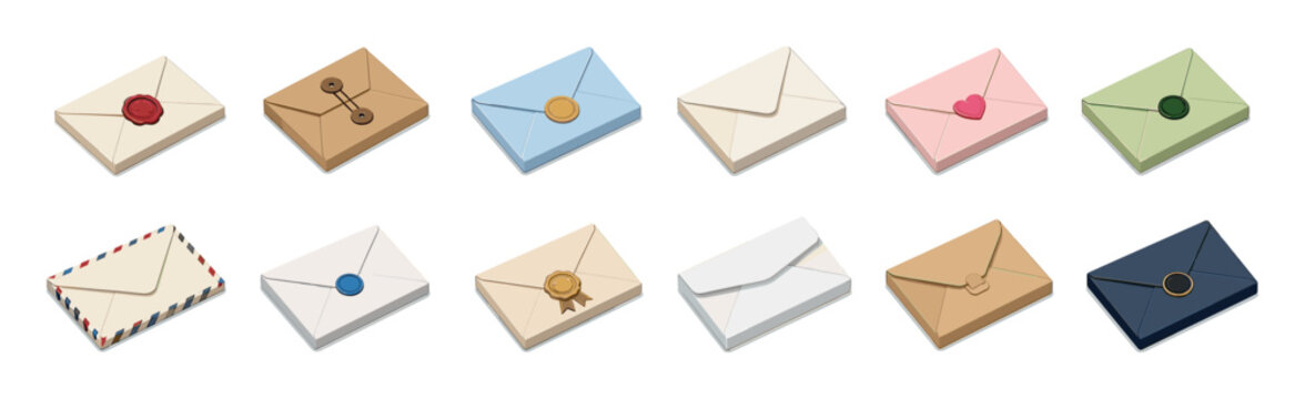 Mail envelopes with wax seals, string closures, and airmail stripes in a flat isometric vector illustration set
