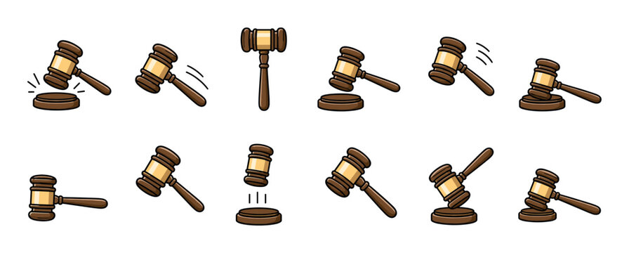 Wooden judge gavel and sound block in various positions cartoon vector illustration set for legal and auction concepts