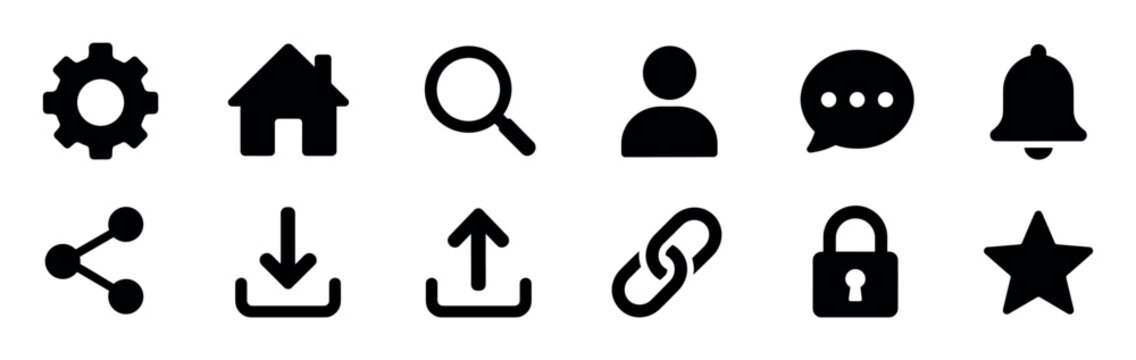 Gear home search user chat bell share download upload link lock star icons set, modern flat design vector illustration