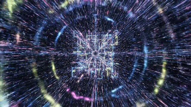 Colorful Hyperspace Tunnel - A dynamic, colorful visual representation of a hyperspace tunnel, featuring vibrant hues of blue, pink, yellow, and green swirling toward a bright center point.
