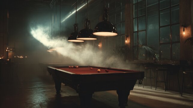 Dramatic Pool Hall Scene with Cinematic Smoke and Haze under Hanging Lights