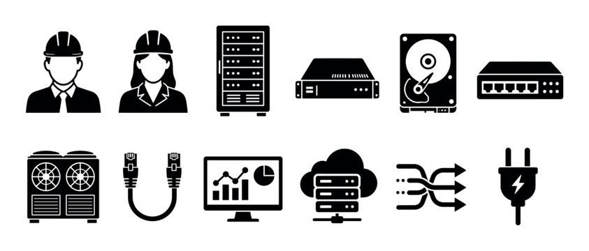 Engineers server rack hard drive network switch cooler cable monitor cloud database power plug icons set vector illustration