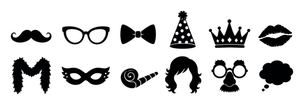 Mustache glasses bow tie party hat crown lips feather boa mask blower wig disguise thought bubble icons vector illustration