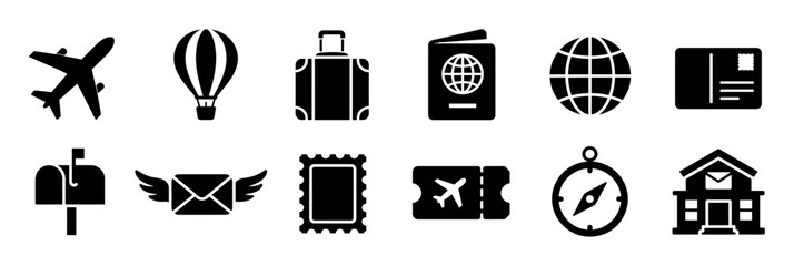 Obraz premium Airplane hot air balloon luggage passport globe postcard mailbox envelope stamp ticket compass house icons set