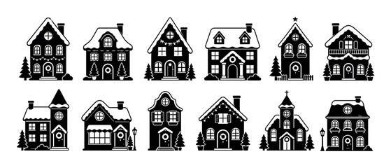Naklejka premium Winter houses, church, and trees with snow on roofs, Christmas decorations, and wreaths, black and white silhouette icon set